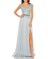 Women's Embellished Cap Sleeve Bodice Flowy Gown