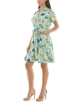 Taylor Petite Printed Short-Sleeve Belted Shirtdress