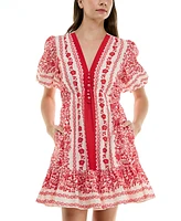 Taylor Petite Printed V-Neck Puff-Sleeve Ruffled-Hem Dress