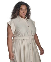 Dkny Plus Cap-Sleeve Belted Midi Shirtdress