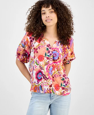 Liverpool Los Angeles Petite Printed Button-Front Shirred Blouse