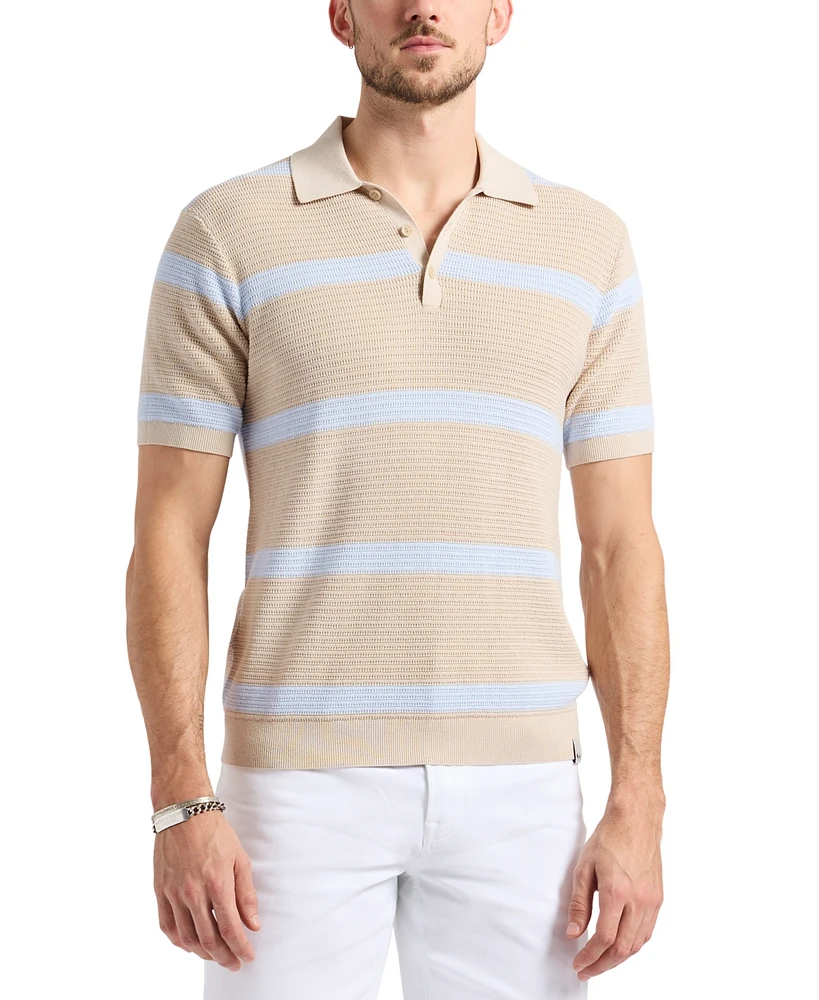 Men's Winder Short Sleeve Textured Striped Polo Sweater