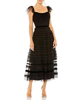 Women's Ruffle Cap Sleeve Embellished Tiered Midi Dress