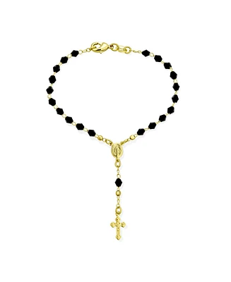 Bling Jewelry Christian Rosary-Bead Bracelet Black Beads Virgin Mary Crucifix 18K Gold 7-7.5 Inch