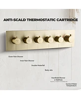 5-Function Luxury Thermostatic Shower System with Body Jets, Led Lights, Rainfall Head, and Handheld Spray, Brushed Gold