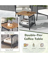 Gymax Set of 3 Furniture Set w/ 2-Tier Coffee Table Acacia Wood Armrests Tabletop Patio