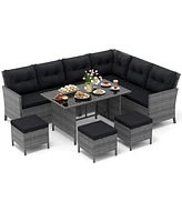 Gymax Set of 7 Dining Furniture Set Pe Rattan Sectional Sofa Set Patio