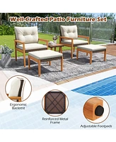 Gymax 5 Piece Rattan Furniture Set Wood Frame Chairs & Ottomans w/ Square Coffee Table