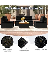Gymax 5 Piece Outdoor Furniture Set w/ Seat & Back Cushions Acacia Wood Tabletop