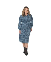 Plus Women's Long Sleeve Zebra Print Tie-Front Midi Shirt Dress