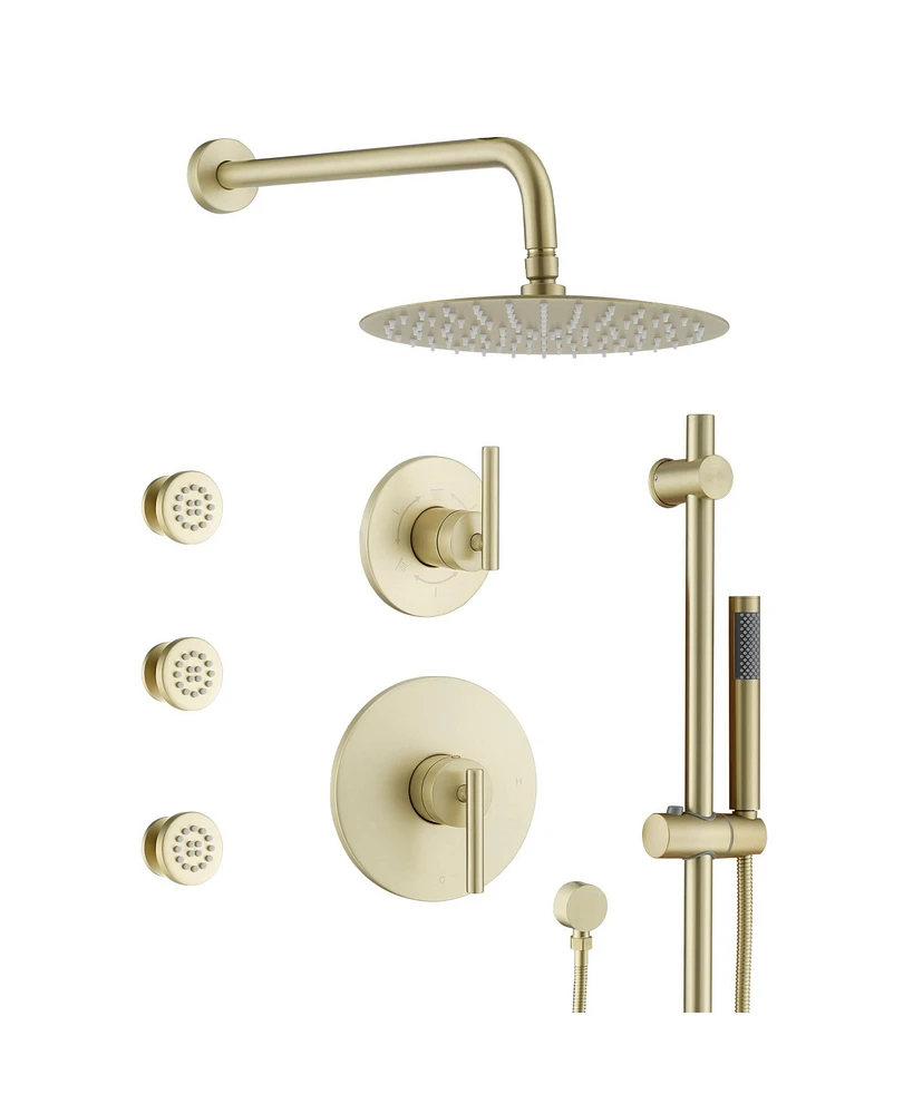 10-Inch Rainfall Shower System with Body Jets, Handheld & Side Spray, Adjustable Lift Rod All-Brass High-Pressure Faucet Set, Brush