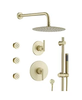 10-Inch Rainfall Shower System with Body Jets, Handheld & Side Spray, Adjustable Lift Rod All-Brass High-Pressure Faucet Set, Brush
