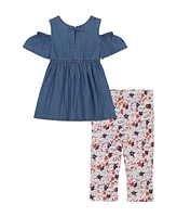 Tommy Hilfiger Toddler and Little Girls 2-Piece Denim Look Tunic Printed Capri Leggings Set