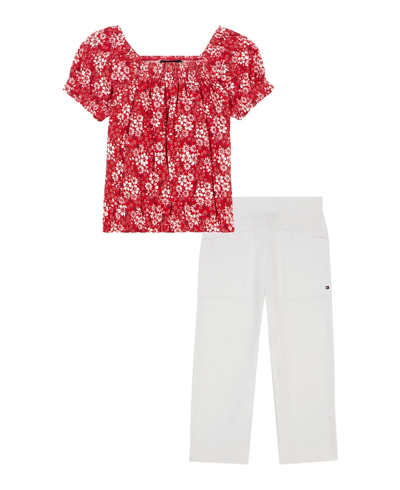Tommy Hilfiger Toddler and Little Girls 2-Piece Floral Elasticized Crop Top French Terry Wide Leg Pant Set