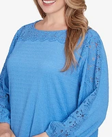 Ruby Rd. Plus Solid Textured Eyelet 3/4 Sleeve Top