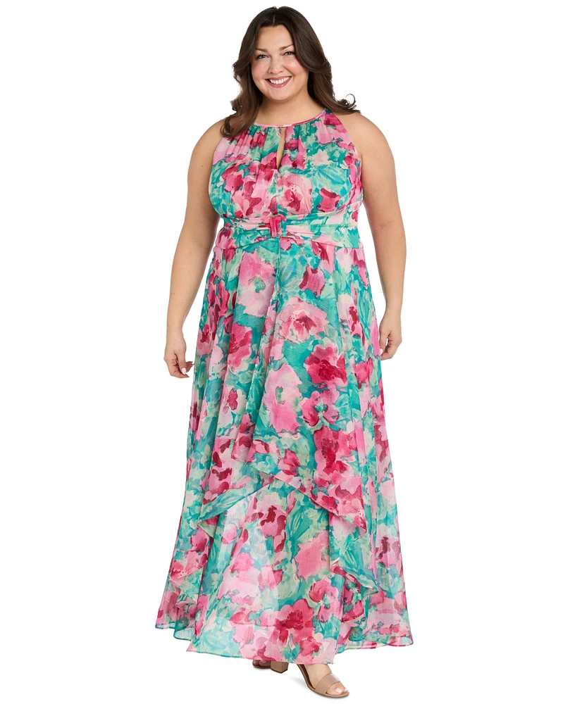 R & M Richards Plus Printed Overlay-Skirt Maxi Dress