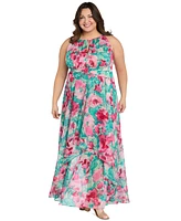 R & M Richards Plus Printed Overlay-Skirt Maxi Dress