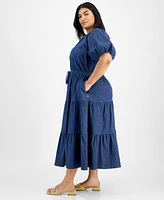Anne Klein Plus Puff-Sleeve Tiered Midi Dress