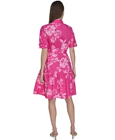 Calvin Klein Women's Cotton Floral Belted Tie-Cuff Dress