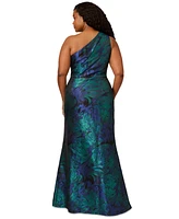 Adrianna Papell Plus Size One-Shoulder Jacquard Gown