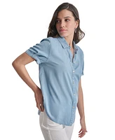 Dkny Jeans Petite Rolled Short-Sleeve Button-Up Shirt