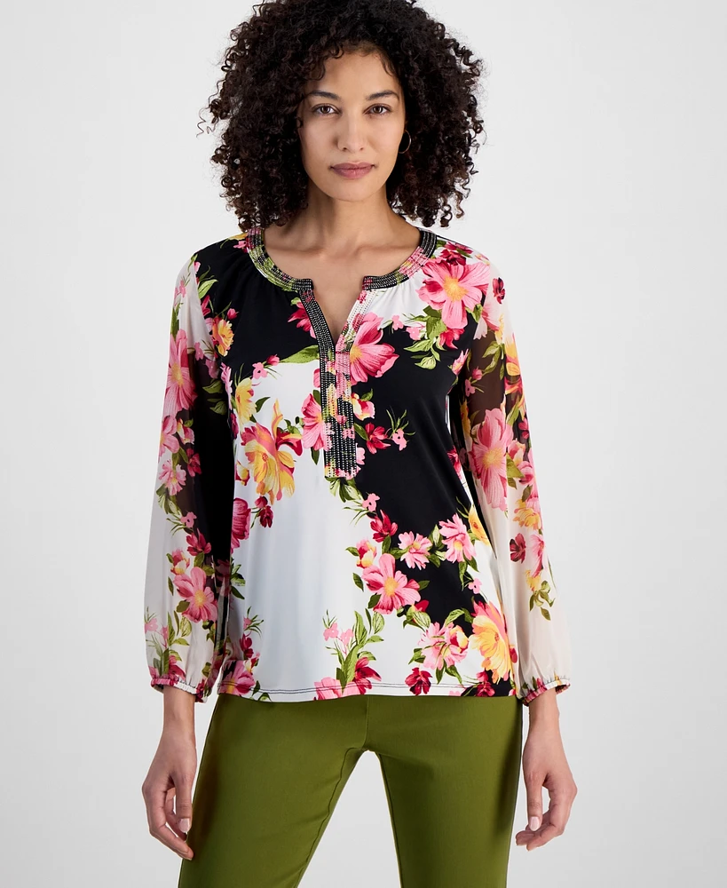 Jm Collection Petite Embellished Knit Chiffon-Sleeve Top, Exclusively at Macy's