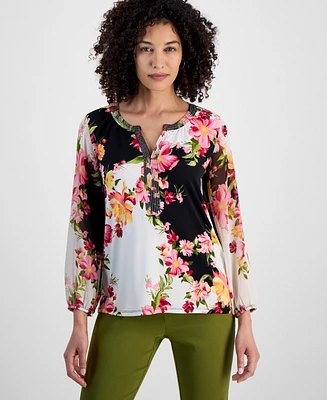 Jm Collection Petite Embellished Knit Chiffon-Sleeve Top, Exclusively at Macy's