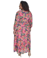 Jessica Howard Plus Printed Tie-Waist Blouson-Sleeve Maxi Dress