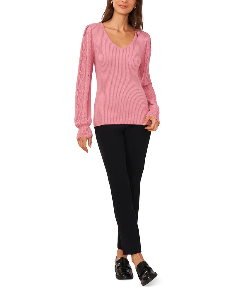 CeCe Women's V-Neck Cable Knit Sleeve Sweater