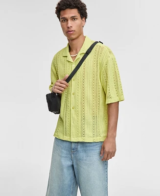 Mode of One Men's Relaxed-Fit Textured Crochet Button-Down Camp Shirt, Exclusively at Macy's