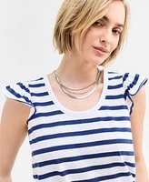 On 34th Women's Striped Flutter-Sleeve Voop-Neck T-Shirt, Exclusively at Macy's