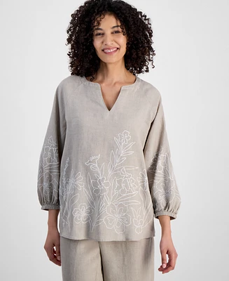 Charter Club Petite 100% Linen Embroidered Top, Exclusively at Macy's