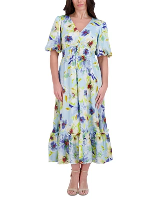 kensie Women's Floral-Print Puff-Sleeve Maxi Dress