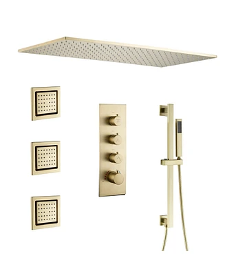 Luxury Thermostatic Shower System with Body Jets, Square Rainfall Head Handheld Shower, Temperature Control, Brushed Gold