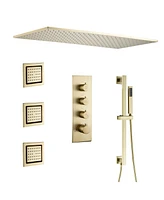 Luxury Thermostatic Shower System with Body Jets, Square Rainfall Head Handheld Shower, Temperature Control, Brushed Gold