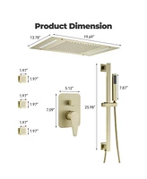 Luxury Shower System Square Top Spray with Body Jets, Led Light Single-Function Handle, and Adjustable Lifting Rod for Bathroom, Brushed Gold