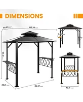 8×5 Feet Gray Hardtop Grill Gazebo Canopy with 2-Tier Pc Roof with Side Shelves