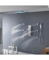 Chrome Luxury 4-Way Thermostatic Shower System with Led and Music Player Shower Faucet Set with Handheld Shower Head and Body Jets