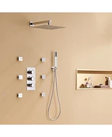 Chrome Wall Mount Thermostatic Rain Shower System with Handheld and Body Jets Bathroom Faucet Set