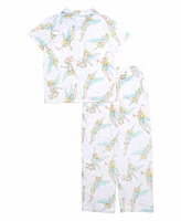 Tinkerbell Big Girls Short Sleeve Button Down Sleep Shirt and Open Leg Pant, 2-Piece Pajama Set