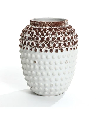 LuxenHome Vintage White and Brown Beaded 12-Inch Tall Urn Vase