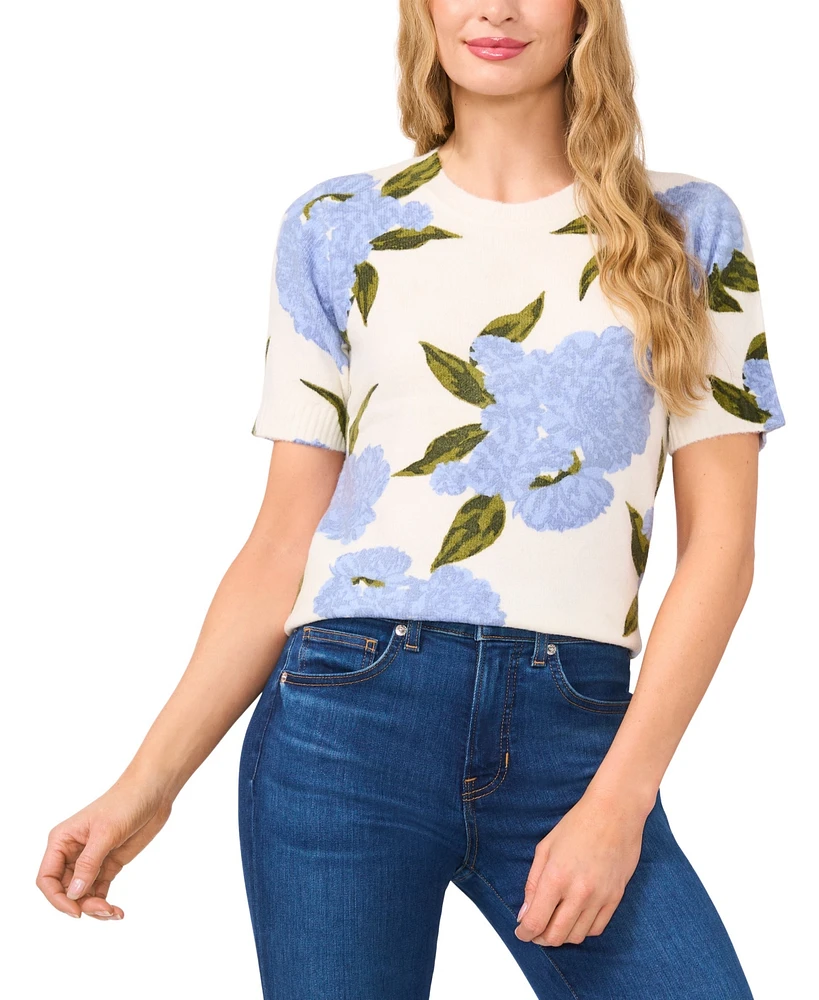 CeCe Women's Short-Sleeve Floral Crewneck Sweater