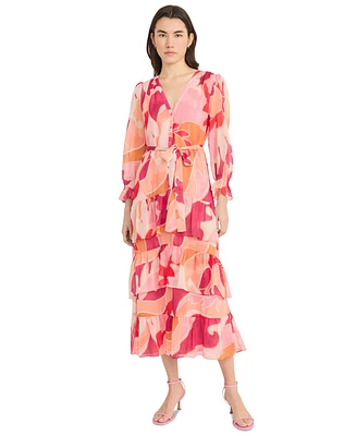 Donna Morgan Women's Floral-Print Belted Tiered Shirtdress
