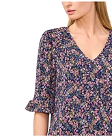 CeCe Women's Floral V-Neck 3/4-Sleeve Ruffled Cuff Blouse