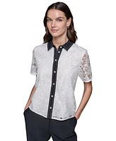 Karl Lagerfeld Paris Women's Crop Lace Contrast-Trim Short Sleeve Button-Front Top