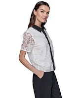 Karl Lagerfeld Paris Women's Crop Lace Contrast-Trim Short Sleeve Button-Front Top