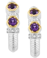 Effy Amethyst (3/8 ct. t.w.) & White Sapphire (1/10 ct. t.w.) Small Hoop Earrings in Sterling Silver & 18k Gold, 0.625"