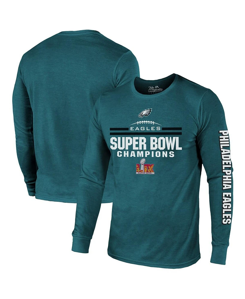 Majestic Threads Men's Midnight Heather Green Philadelphia Eagles Super Bowl Lix Champions Goal Line Stand Long Sleeve Tri-Blend T-Shirt