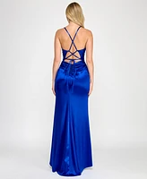 Crystal Doll Juniors' Sleeveless Lace-Up-Back Satin Gown