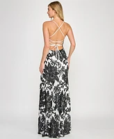 Crystal Doll Juniors' Floral Sequined Lace-Up-Back Gown